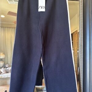 Zara Navy Heavy Knit Wide-Leg Pants with White Side Stripe NWT